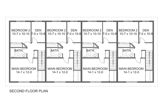 Simple multifamily home design, upper floor plan. See details at Houseplans.