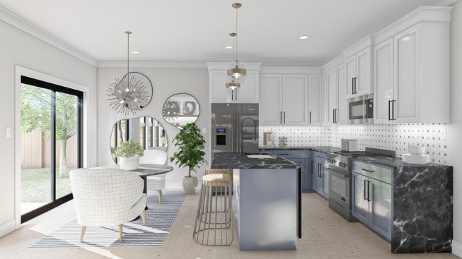 Narrow-lot starter home design, kitchen view. See details at Houseplans.