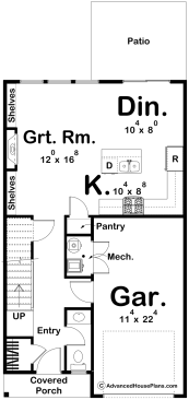 Narrow-lot starter home design, main level floor plan. See details at Houseplans.
