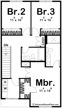 Narrow-lot starter home design, upper level floor plan. See details at Houseplans.