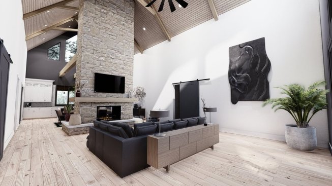 Barndominium plan with big kitchen, living room. See details at Houseplans.