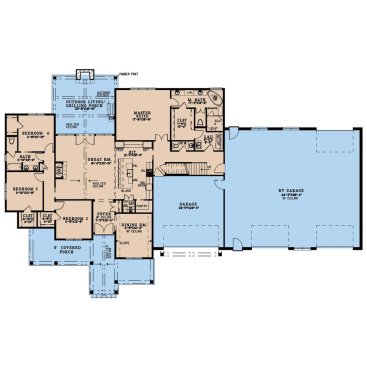 Barndominium house plan with four bedrooms, floor plan. See details at Houseplans.