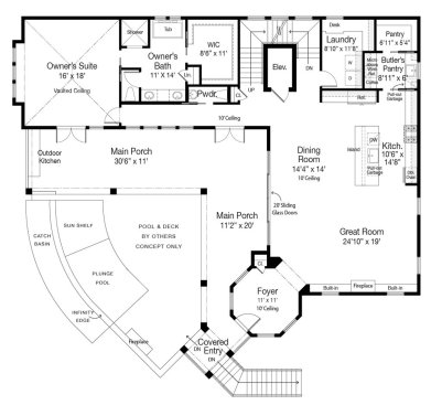 Florida house plan with porches, main floor. See details at Houseplans.