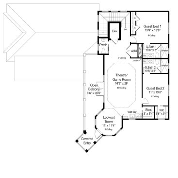 Florida house plan with porches, upper floor. See details at Houseplans.