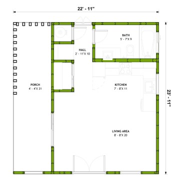 Tiny studio ADU house plan with curb appeal, floor plan. See more images at Houseplans.