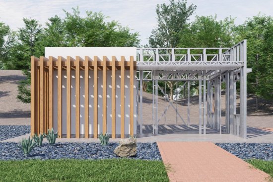 Tiny studio ADU house plan with curb appeal, framing visualization. See more images at Houseplans.