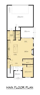 Move-up farmhouse plan for a narrow lot, main level. See details at Houseplans.