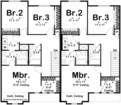 Modern duplex plan, upper level. See more views at Houseplans.
