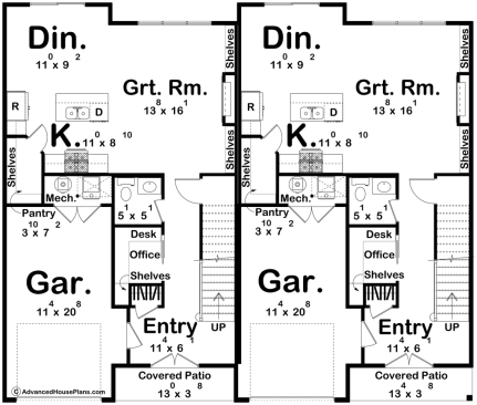 Modern duplex plan, main level. See more views at Houseplans.