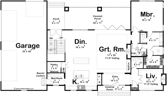 Modern barndominium plan, main level. See more views at Houseplans.