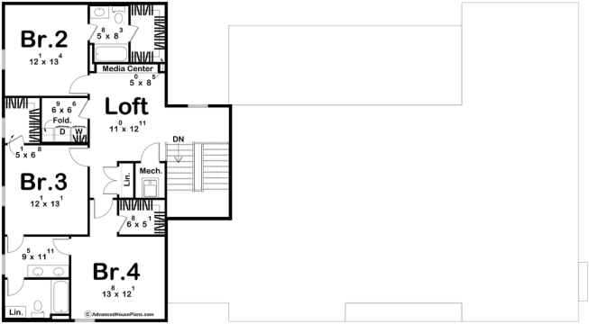 Modern barndominium plan, upper level. See more views at Houseplans.