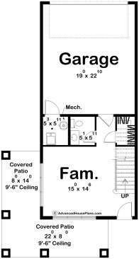3 story farmhouse plan for a small lot, first floor plan. See more views at Houseplans.