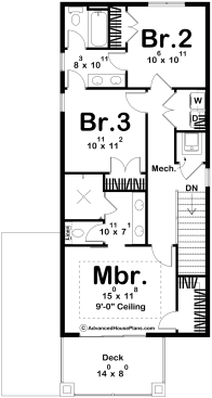 3 story farmhouse plan for a small lot, third floor plan. See more views at Houseplans.
