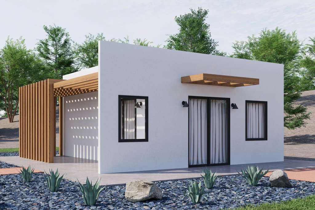 Tiny studio ADU house plan with curb appeal, front exterior. See more images at Houseplans.