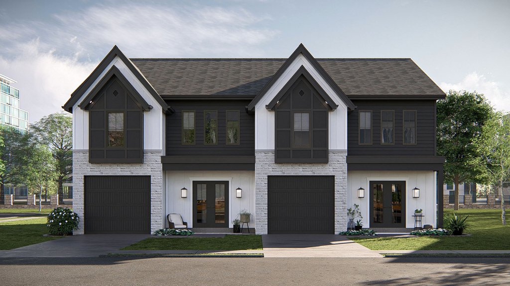 Modern duplex plan, front exterior. See more views at Houseplans.