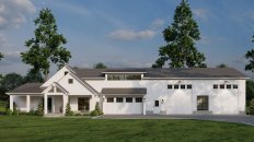 Barndominium house plan with four bedrooms, front exterior. See details at Houseplans.