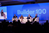 From left, PulteGroup chief operating officer Matt Koart, Taylor Morrison chairman and CEO Sheryl Palmer, and LGI Homes chairman and CEO Eric Lipar speak with Zonda chief advisory officer Tim Sullivan during the "Building Tomorrow Today: Public Builder Leader Spotlight" panel on Day Two of the Builder 100 Conference.