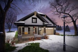 Small house plan with two bedrooms, front exterior. See more images at Houseplans.